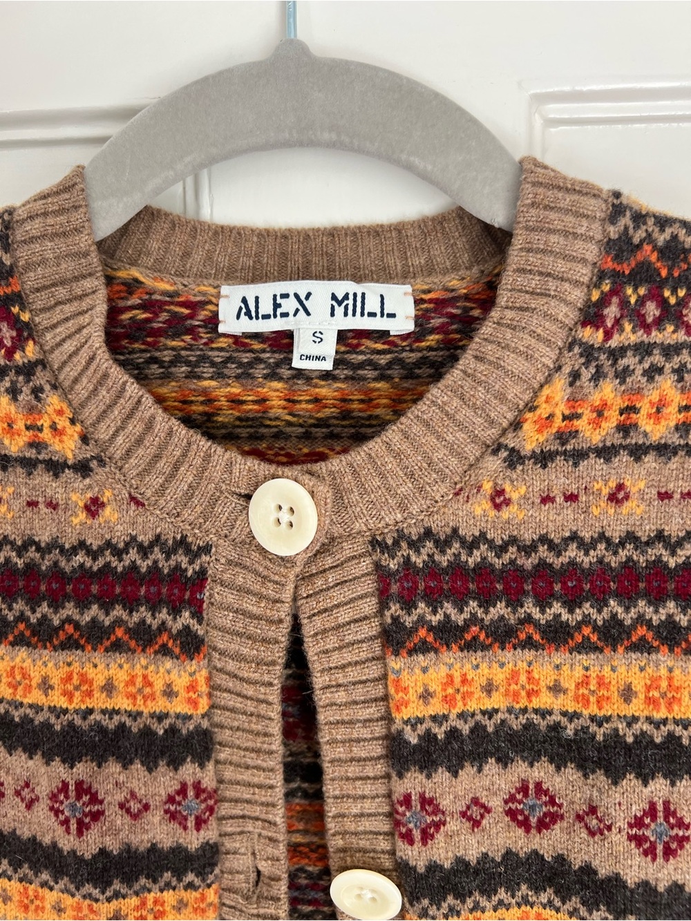 Alex Mill Tan Fair Isle Button-Front Cardigan with Mustard & Burgundy Accents - Picture 2 of 5